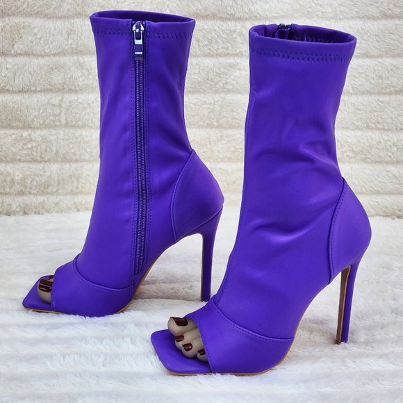 Bold Purple Stretch Square Open Toe High Heel Ankle Boots - Picture 5 of 8